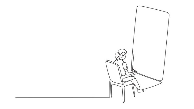 Animated self drawing of continuous line draw female student sitting studying staring at smartphone screen and inside laptop there is female lecturer who is teaching. Full length single line animation