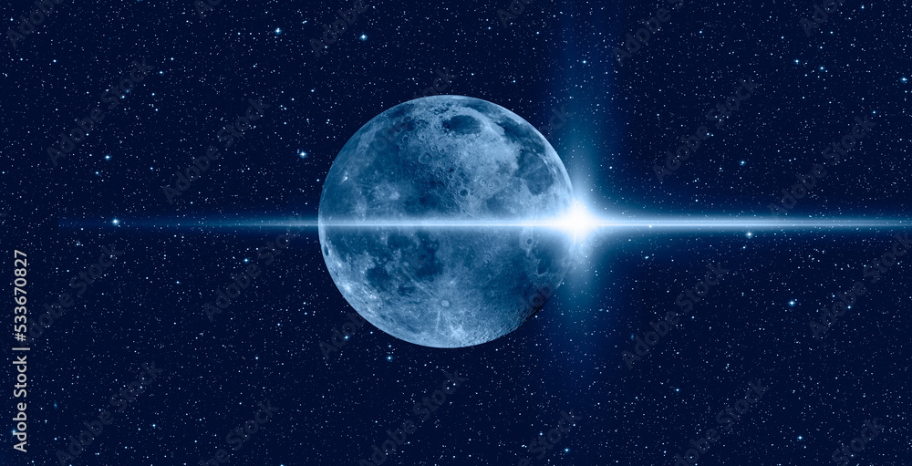 Poster Panorama view universe space of blur milky way galaxy with stars on a night sky background and super full moon 