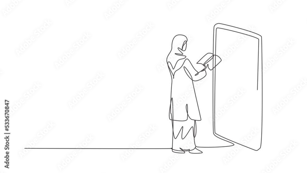 Poster animated self drawing of continuous one line draw young arabian female college student reading book 