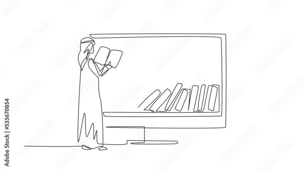 Poster animated self drawing of continuous line draw arab male college student reading book while standing 