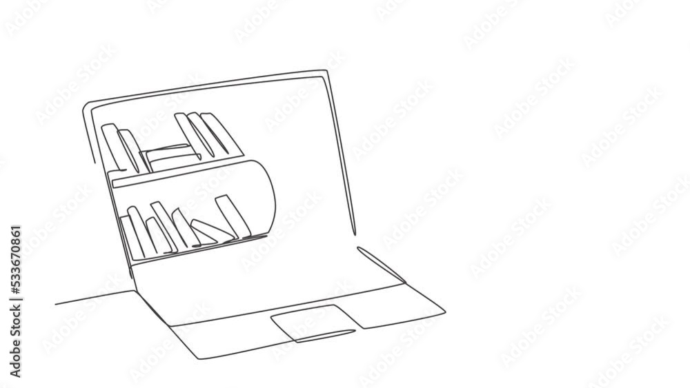 Poster animated self drawing of single continuous line draw young arab male college student reading book wh