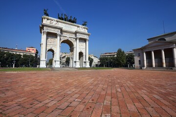 Fototapeta na wymiar Porta Sempione, Milan city, Italy. Arch of Peace (Arco della Pace.