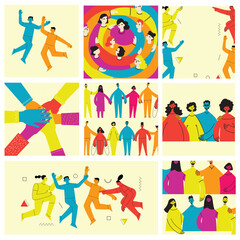 Young men and women with abstract geometric shapes. Team building and teamwork concept. Business partnership, cooperation and communication. Modern flat cartoon style.