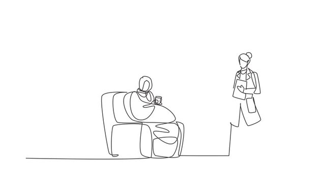 Animated self drawing of continuous line draw patient sitting curled up on sofa, using blanket, there is female doctor walking out of smartphone, holding clipboard. Full length single line animation.