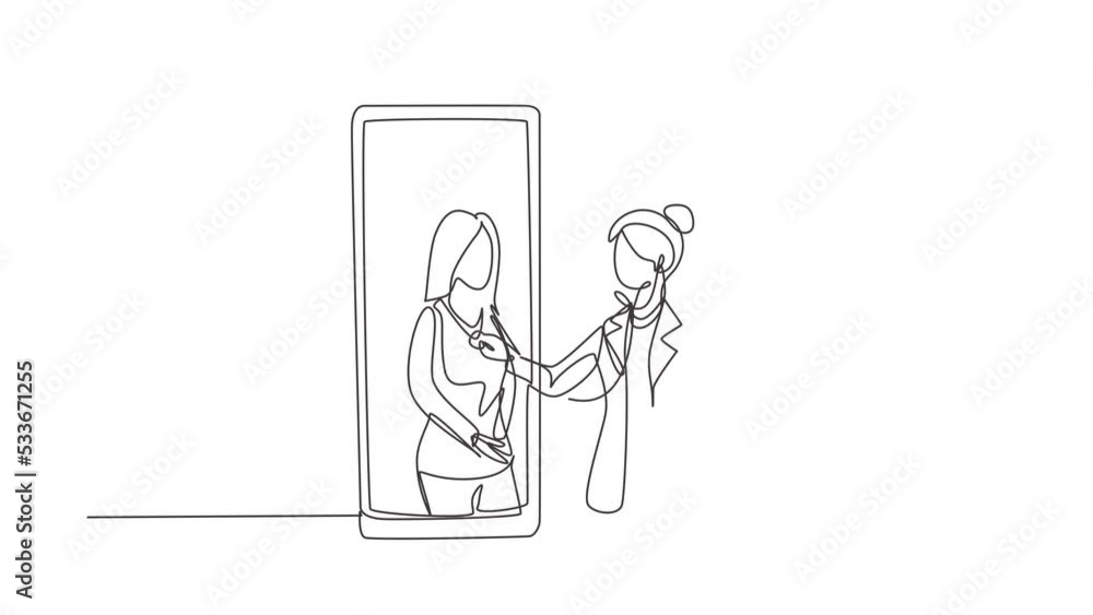 Poster animated self drawing of single continuous line draw two smartphones facing each other with female d