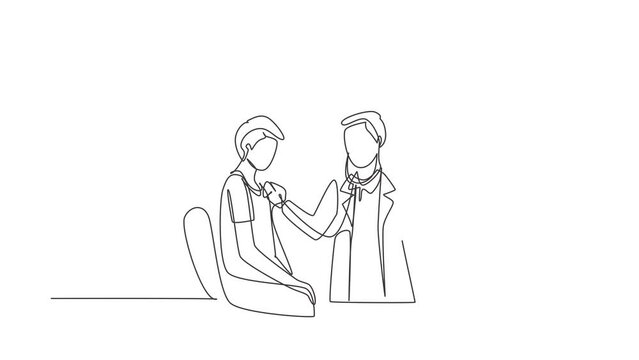 Animated self drawing of continuous line draw male doctor comes out of smartphone screen and checks male patient's heart rate using a stethoscope sitting on chair. Full length one line animation.