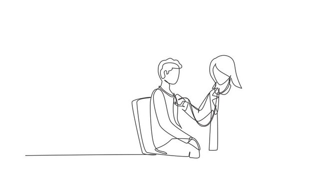 Animated self drawing of continuous line draw female doctor comes out of smartphone screen and checks male patient's heart rate using a stethoscope sitting on chair. Full length single line animation.