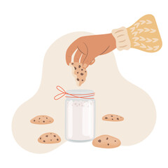 Woman hand dipping cookie in milk. Cookies with milk concept, vector illustration