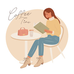 Woman reading book and drinking coffee in the cafe. Hello Fall concept. Coffee time concept. Vector illustration.