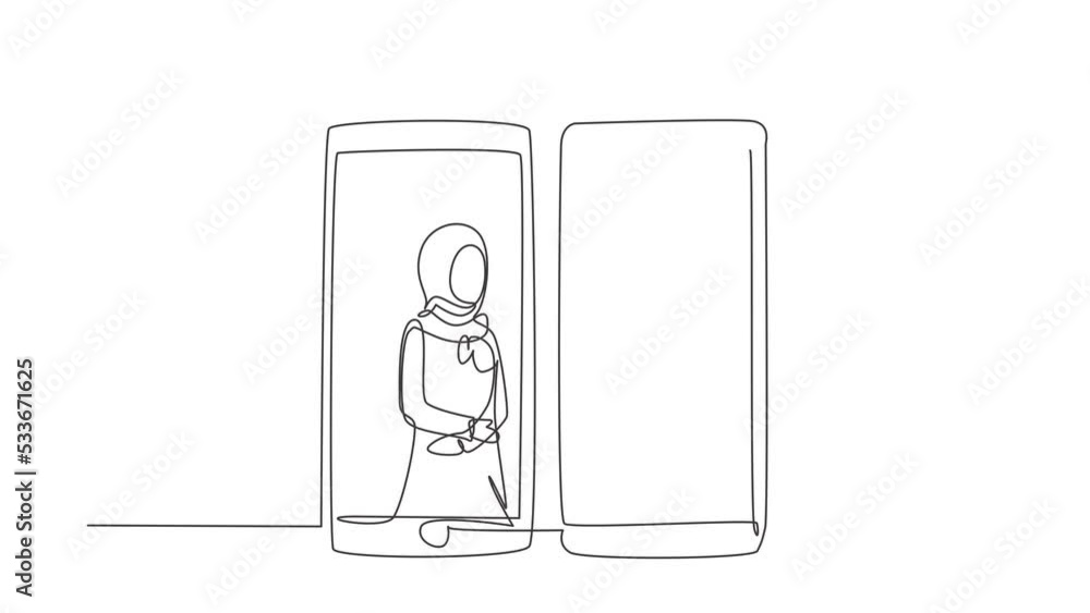 Poster animated self drawing of single continuous line draw two smartphones facing each other with hijab fe