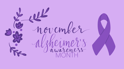 Alzheimers awareness month Novermber handwritten lettering. Purple support ribbon. Web banner vector