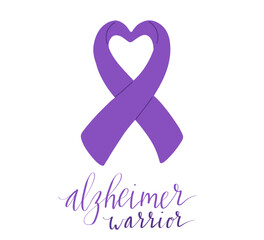 Alzheimers awareness month Novermber handwritten lettering. Alzheimers warrior phrase. Purple support ribbon. Web banner vector