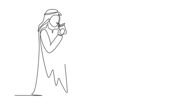 Animated self drawing of continuous line draw young Arabian man holding a cup of coffee while thinking about tomorrow's work plans. Success and relaxing lifestyle. Full length single line animation.