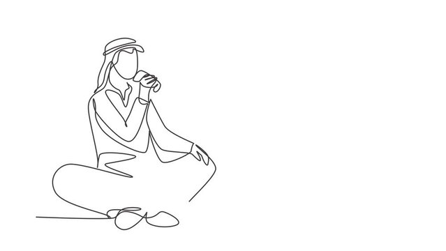 Self drawing animation of single line draw young Arabian man sitting while enjoying soft drink to refreshing and relaxing body. Attractive teenager concept. Continuous line draw. Full length animated.