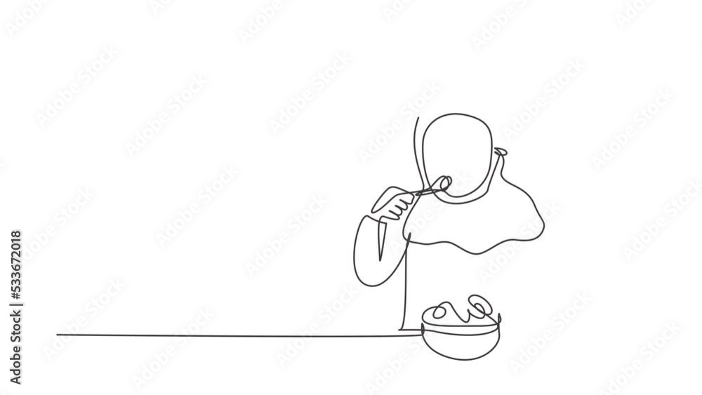 Poster animated self drawing of continuous line draw arabian girl having salad meal with fork around table.