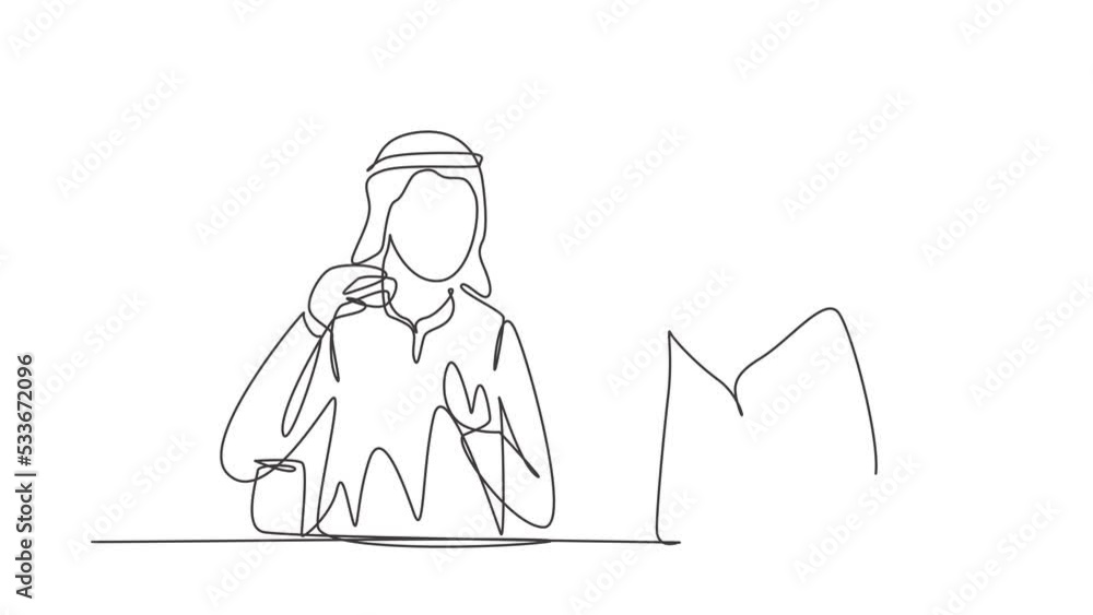 Aufkleber animated self drawing of continuous line draw arabian couple having hamburger meal around table at r
