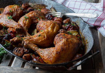 Roasted chicken legs with root vegetables 