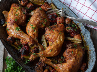 Braised chicken legs with root vegetables in a roasting pan
