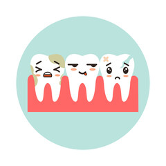 Dental row with dirty healthy and cracked teeth. Teeth with kawaii emotion