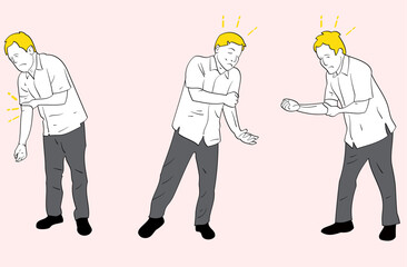 Man in pain with his hand. Hand drawn style vector design illustrations