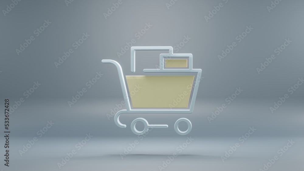Poster beautiful abstract shopping cart yellow light symbol icons on a blue background. 3d rendering illust
