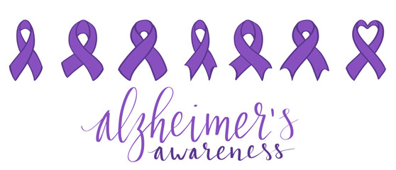 Alzheimers awareness month Novermber handwritten lettering. Purple support ribbon. Web banner vector