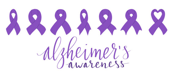 Alzheimers awareness month Novermber handwritten lettering. Purple support ribbon. Web banner vector