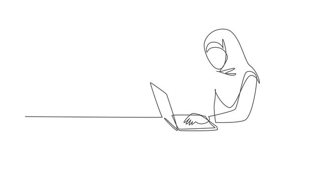 Animated self drawing of continuous line draw young Arab woman typing entering credit card code on laptop around desk. Digital lifestyle, e-commerce, payment concept. Full length single line animation