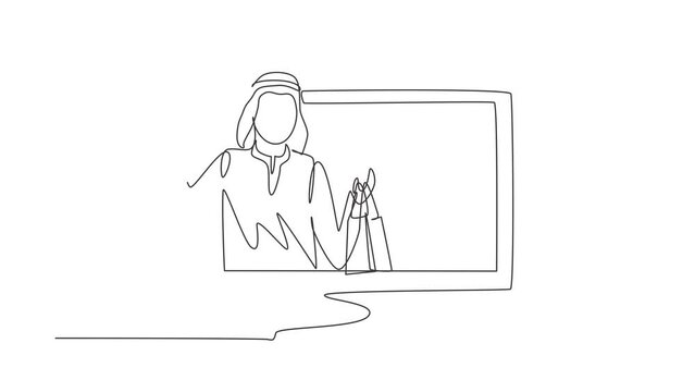 Animated self drawing of single continuous line draw young Arabian man coming out of monitor screen holding shopping bags. Digital lifestyle and consumerism concept. Full length one line animation.