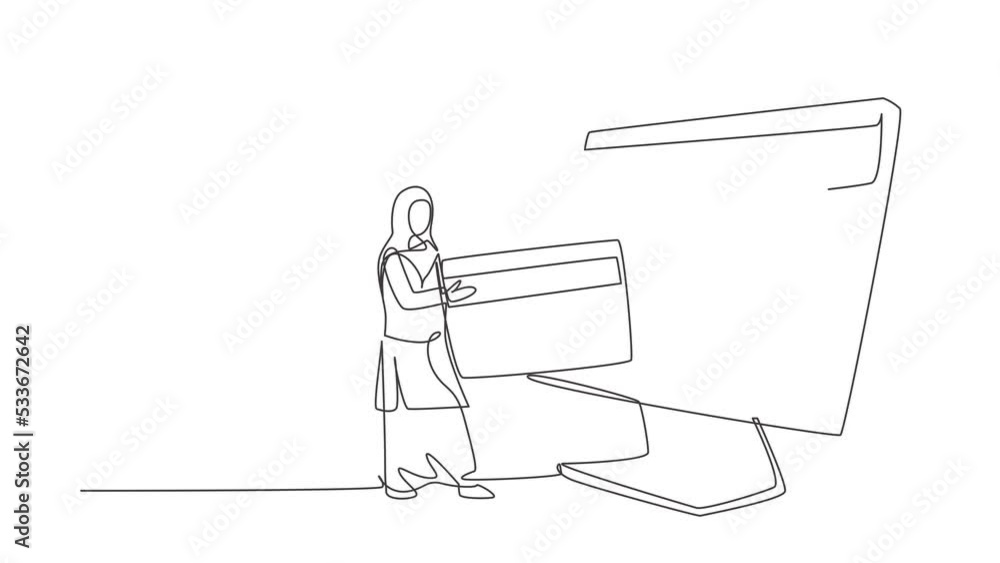 Poster animated self drawing of single continuous line draw arab woman inserting credit card into large can
