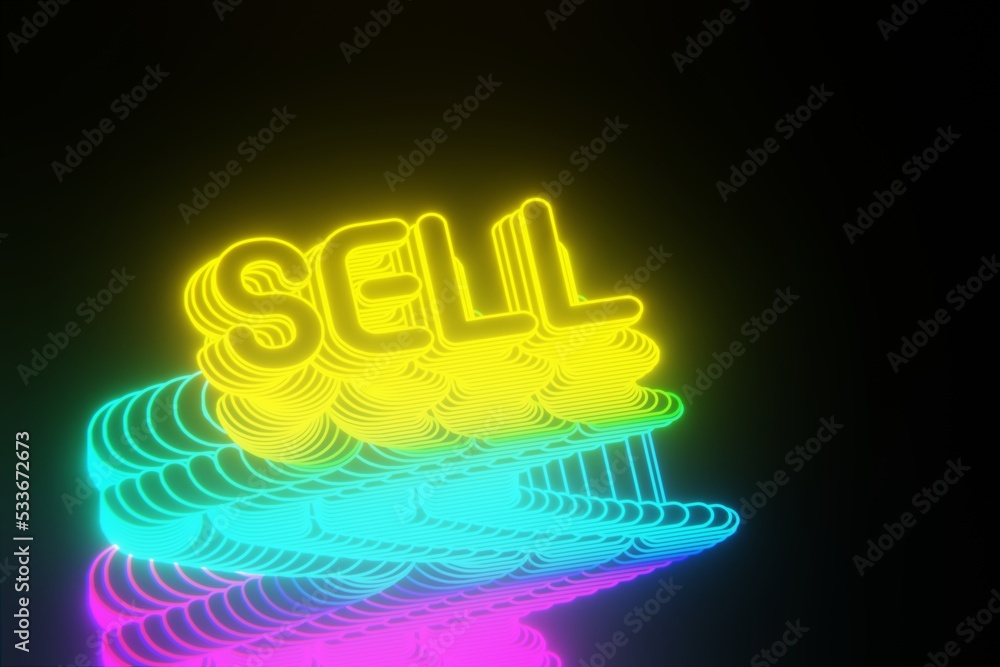 Poster Beautiful Abstract neon background words SELL on a black background. 3d rendering illustration Background pattern for design.