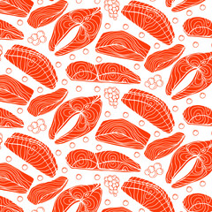 Obraz premium Top view of raw salmon steak isolated on blue background. Minimal concept. Flat lay. Seamless line pattern