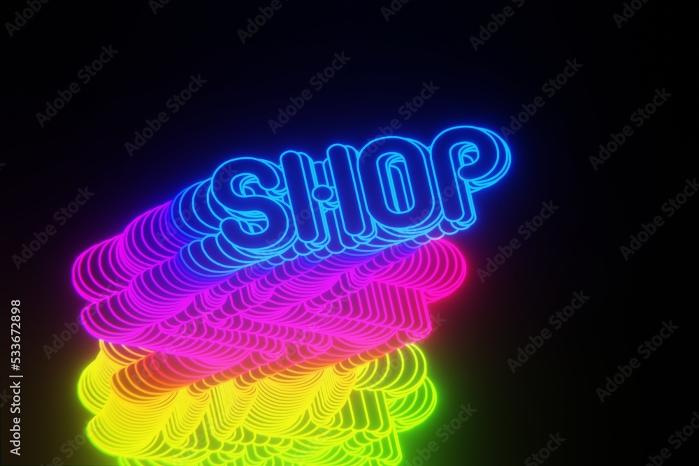 Poster Beautiful Abstract neon background words Shop on a black background. 3d rendering illustration Background pattern for design.