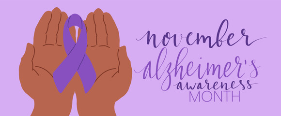 Alzheimers awareness month Novermber handwritten lettering. Purple support ribbon. Web banner vector
