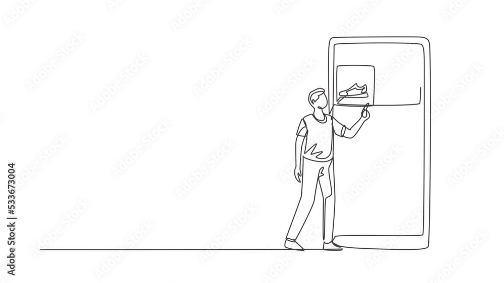Aufkleber self drawing animation of single line draw man choosing shopping items on a giant smartphone screen.