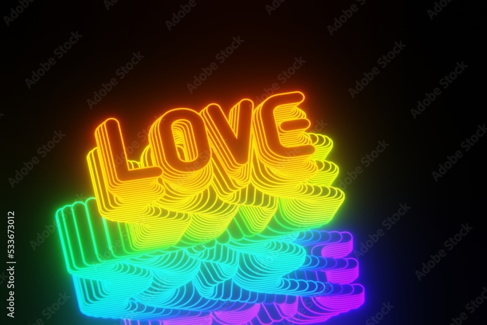 Poster beautiful abstract neon background words love on a black background. 3d rendering illustration backg