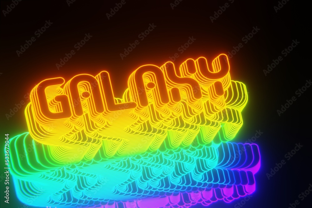 Poster beautiful abstract neon background words galaxy on a black background. 3d rendering illustration bac