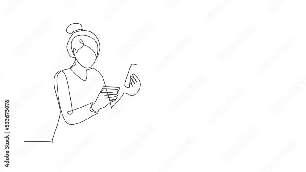 Poster self drawing animation of single one line draw young man typing entering credit card code on smartph