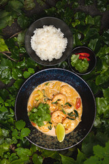 Asian cuisine. Shrimp with curry rice. Appetizing dish on a background of leaves and plants