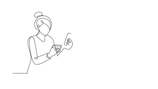 Self drawing animation of single one line draw young man typing entering credit card code on smartphone. Online store, e-commerce, digital payment concept. Continuous line draw. Full length animated.