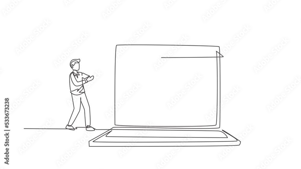 Poster animated self drawing of single continuous line draw young man inserting credit card into large cano