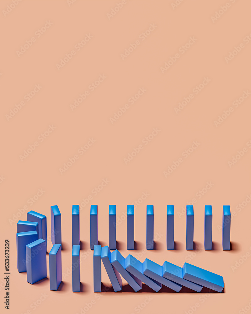 Poster domino.the blocks are pushing with blank background. trends and problems concept