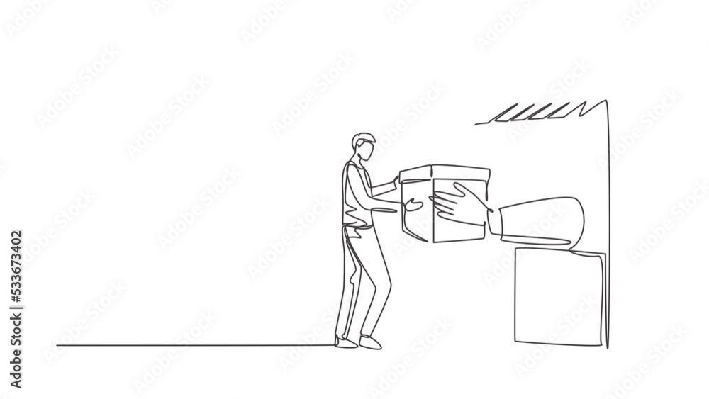 Poster animated self drawing of single continuous line draw young man receives package box from large canop
