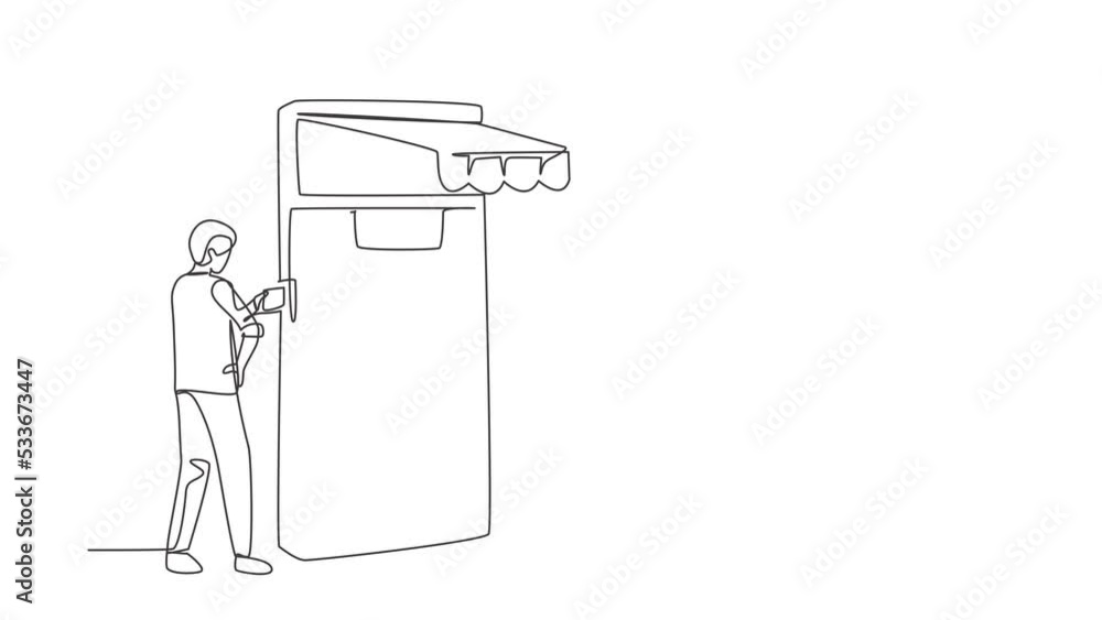 Poster self drawing animation of single line draw young man inserting credit card into large canopy smartph