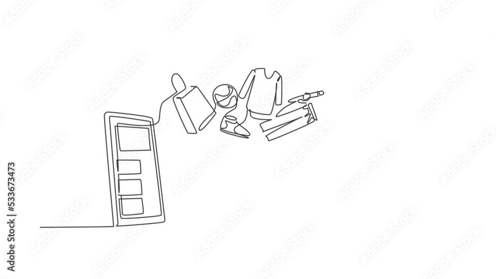 Poster animated self drawing of continuous line draw smartphone and shopping cart with products purchased o