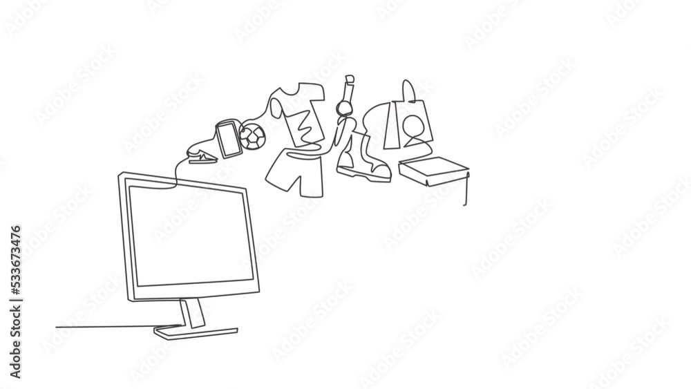 Poster self drawing animation of single line draw monitor screen and shopping cart with products purchased 