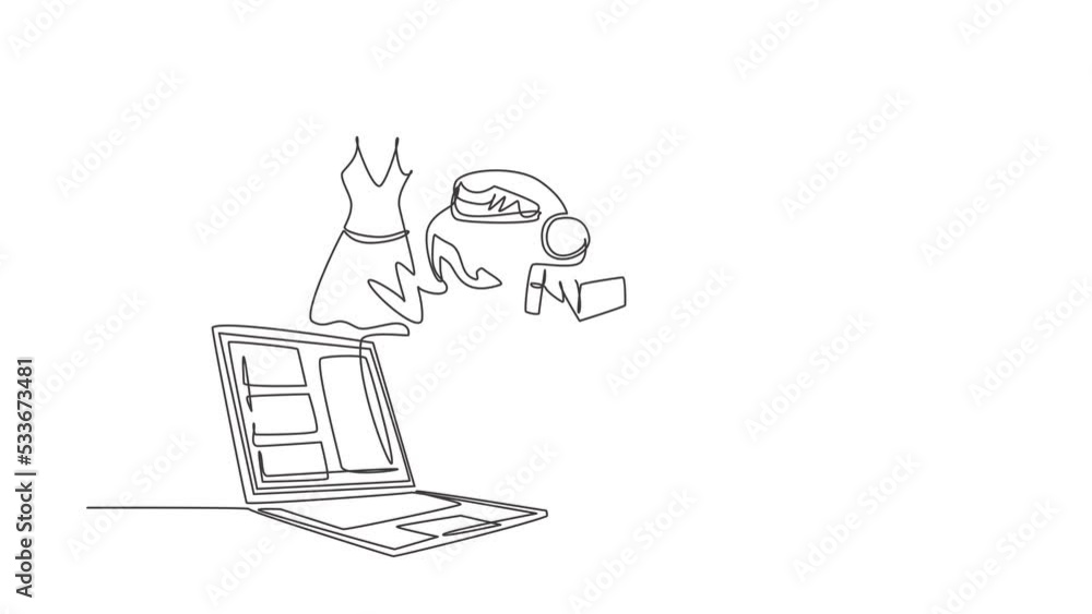 Poster self drawing animation of single line draw laptop and shopping cart with products purchased online. 