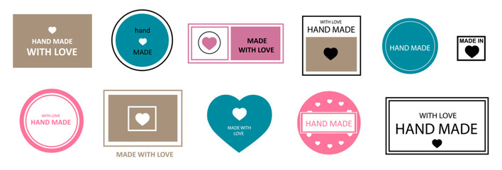 Set of Labels with text handmade, made with love. Stickers of different shapes with for crafts, needlework.Badges in vintage style. Vector illustration.