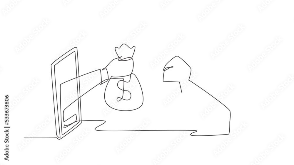 Aufkleber animated self drawing of single continuous line draw two hands out of the smartphone screen to excha