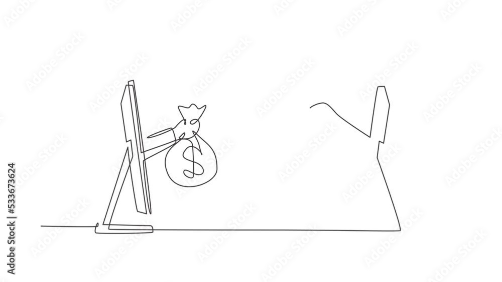 Poster animated self drawing of single continuous line draw two hands out of the monitor screen to exchange
